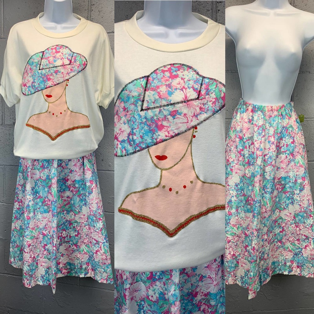 80s 2 piece Pastel Floral Skirt Statement Piece Appliqué New Wave Barbiecore B1